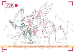 acid_saliva armor arthropod arthropod_abdomen big_breasts bodily_fluids breasts camera_overlay camera_view claws dissolving_clothing dripping duo exoskeleton female frill_(anatomy) genitals gun hair headgear helmet huge_breasts human humanoid humanoid_taur insect_legs insect_wings insects interspecies just_tenth larger_female long_tongue male male/female mammal monochrome news news_report nipples nude nude_female onion_oni randomtanstudio ranged_weapon saliva saliva_on_tongue saliva_string sharp_teeth signature simple_background size_difference stalker_(helldivers) taur teeth terminid text tongue tongue_out unusual_anatomy unusual_genitalia weapon wings