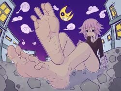 androgynous crona_(soul_eater) dunceleaf feet foot_fetish foot_focus legs pink_hair soles soul_eater thin_legs thin_thighs wrinkled_soles wrinkly_soles