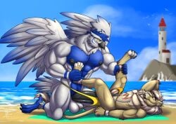 2021 abs absurd_res ambient_bird anthro anthro_on_anthro anthro_penetrated anthro_penetrating anthro_penetrating_anthro avian balls beak big_muscles big_penis black_beak black_nipples black_penis blue_body blue_eyes blue_hair clothing dated duo erection fangs feathered_wings feathers felid fur genitals hair hand_behind_head hi_res hufnaar huge_muscles huge_penis ineffective_clothing kneeling lion male male/male male_anthro male_penetrated male_penetrating male_penetrating_male mammal mane mouth_closed muscular muscular_anthro muscular_male nipples no_sclera open_mouth outside_sex pantherine pecs penetration penis pink_penis sex short_hair size_difference sova tan_body tan_fur teeth white_balls white_body white_mane wings yellow_eyes