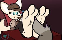 aggressive_retsuko aggretsuko bubble_pipe daryl_(cringebird) detective_hat detective_outfit female fennec fenneko floating_penis foot_fetish foot_focus footjob male mintytempest nonbinary penis pubic_hair raccoon sanrio solo_focus tagme
