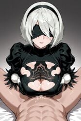 ai_generated android big_breasts blindfold boobjob bratkudm clothed clothed_sex clothing cum cumshot male male/female nier:_automata paizuri sex titjob white_hair yorha_2b