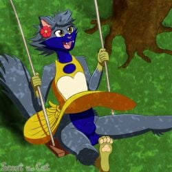 1:1 animal_genitalia anthro balls blue_body blue_fur brown_eyes clothed clothing cute_fangs domestic_cat dress eyelashes fangs felid feline felis femboy flower_accessory flower_on_head fully_sheathed fur genitals grass grey_body grey_fur hi_res male mammal no_underwear pawpads paws plant scout_the_cat_(character) scoutthecat02 sheath smile solo swing swinging teeth tree upskirt yellow_body yellow_clothing yellow_fur