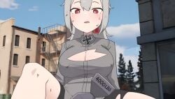 big_breasts bomb clothing_cutout daebom damaged_clothes grey_hair large_breasts looking_at_object looking_down maus red_eyes shorts tank war_thunder