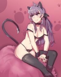 anabel_(pokemon) bare_arms bare_belly bare_shoulders belly_button black_bra black_panties black_thighhighs blush bra breasts cat_ears cat_tail choker cleavage closed_mouth collarbone earrings heart-shaped_pupils lace-trimmed_panties long_hair medium_breasts panties pokemon purple_eyes purple_hair ryairyai sitting smile thighhighs thighs underwear