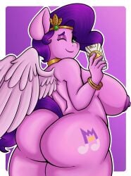 animal_humanoid anthro ass big_breasts breasts davidga12rg digital_media_(artwork) equid equine female female/female green_eyes hair hasbro hi_res horse humanoid looking_at_viewer mammal mlp_g5 my_little_pony mythological_creature mythological_equine mythology nipples nude pegasus pink_body pipp_petals_(mlp) pony purple_hair simple_background smile solo tail wings