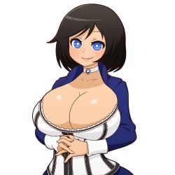 alternate_breast_size bioshock bioshock_infinite black_hair blue_eyes blue_jacket breasts choker cleavage collarbone elizabeth_comstock female huge_breasts interlocked_fingers jacket manyakis medium_hair mike_inel own_hands_together smile solo striped transparent_background upper_body