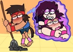 anal anal_sex at_work blush blushing_profusely bulge bulge_through_clothing clothed_sex erection erection_under_clothing gay k.o._(ok_k.o.!_let's_be_heroes) kaio_kincaid mop ok_k.o.!_let's_be_heroes precum precum_through_clothing selfcest spiral_eyes sweatdrop t.k.o thought_bubble tremble_lines trembling turbo_k.o.