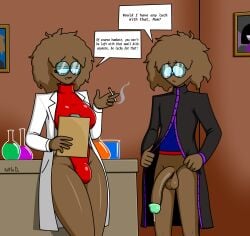 1futa 1male black_sherwani bulge bulge_in_leotard clipboard dialogue dialogue_box dialogues futa_doing_nothing futanari glasses lab_coat leotard mother_and_son no_pants penis penis_out potions precum precum_on_penis puffle puffle_hamkair_(puffledreemurr) puffle_helen_(puffledreemurr) puffledreemurr scientist smoking smoking_cigarette table turtleneck_leotard