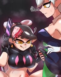1futa 1girls @_@ belly_button big_breasts black_hair bottomless bottomless_female breasts callie_(splatoon) cousins female futa_on_female futanari gloves grey_hair handjob hi_res highres hypnosis idol implied_bottomless incest intersex joeneko26 light-skinned_female light-skinned_futa light_skin marie_(splatoon) nintendo octo_callie penis small_penis spiral_eyes splatoon splatoon_2 splatoon_2:_octo_canyon yellow_eyes
