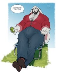 absurd_res anthro beard beverage_can big_bulge big_ears body_hair boosterpang bottomwear bulge button_(fastener) chest_hair chest_tuft clothed clothing denim denim_bottomwear denim_clothing domestic_rabbit eyebrows facial_hair floppy_ears fur grass happy_trail hi_res jeans lagomorph lawn_chair leporid lop_ears lop_rabbit male mammal mature_male musclegut muscular oryctolagus pants plant rabbit red_clothing red_shirt red_topwear shirt solo straining_buttons straining_clothing straining_pants thick_eyebrows topwear tuft white_body white_fur william_gerard