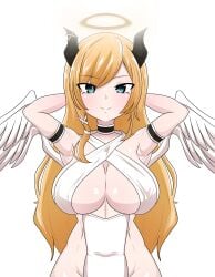 angel_wings armpits arms_up blonde_hair blue_eyes criss-cross_halter demon_horns halo hands_behind_head hololive large_breasts long_hair looking_at_viewer muugumemo smile white_background yuzuki_choco