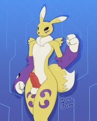 2025 3_fingers 4:5 animal_genitalia animal_penis anthro arm_tuft armwear artist_name balls bandai_namco black_sclera blue_background blue_eyes bonebees canine_genitalia canine_penis cheek_markings claws clothing digimon digimon_(species) digital_drawing_(artwork) digital_media_(artwork) dipstick_ears dipstick_tail ear_markings elbow_gloves erection eyelashes facial_markings femboy fingers fluffy fluffy_tail fur genitals gloves handwear head_markings hi_res knot knotted_penis leg_markings male markings multicolored_body multicolored_ears multicolored_fur neck_tuft penis portrait purple_markings renamon shoulder_tuft simple_background solo tail tail_markings text thigh_markings tuft white_body white_fur yellow_body yellow_fur