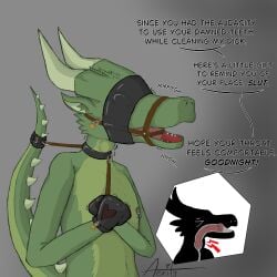 1:1 aerily ambiguous_gender anthro blindfold bondage bondage bondage_gear bondage_gloves bound clamp clothing cock_gag collar cuff_(restraint) dialogue dildo dildo_in_mouth dragon english_text gag green_body green_scales green_skin hands_tied handwear hi_res horn humanoid latex latex_blindfold latex_clothing latex_handwear lock male mythological_creature mythological_scalie mythology neck_bulge nipple_clamp offscreen_character oral oral_penetration penetration questionable_consent restraints scales scalie sex_toy sex_toy_in_mouth sex_toy_insertion shaking simple_background solo spiked_tail spikes spikes_(anatomy) submissive submissive_anthro submissive_male tail tail_cuff teeth text tremble_spikes trembling x-ray_view