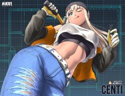 backwards_baseball_cap barefoot belt big_breasts black_sports_bra blonde_hair blue_eyes blue_jeans blunt_bangs breasts centi_(nikke) centi_(supreme_holiday)_(nikke) character_name clothed commission crop_top crop_top_overhang gloves goddess_of_victory:_nikke hammer hat jeans large_breasts licking_lips long_hair midriff navel off_shoulder one_eye_closed sports_bra substance20 toned toned_female torn_jeans