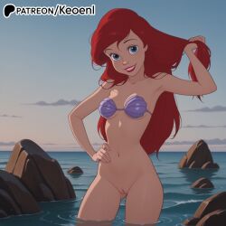 1girls accurate_art_style ai_generated ariel ariel_(the_little_mermaid) barefoot beach bikini bikini_top blue_eyes blush bottomless bottomwear breasts collarbone day disney disney_princess feet female female_masturbation grabbing_hair happy hi_res indoors keoenl lipstick long_hair looking_at_viewer masturbation medium_breasts navel nipples partially_submerged patreon public pussy pussy_juice pussy_lips red_hair red_lipstick rocks sexy solo standing teeth the_little_mermaid the_little_mermaid_(1989_film) thick_thighs thighs vulva water wet_pussy wide_hips
