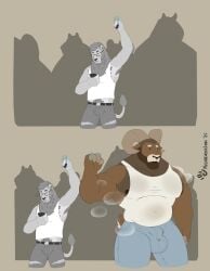 anthro armpit_hair balls_outline big_bulge big_pecs body_hair bottomwear bovid bovid_horn bulge caprine caprine_horn clothing comic denim denim_bottomwear denim_clothing detailed_bulge duo electronics eyewear facial_piercing felid genital_outline glasses hi_res horn jeans lion looking_at_object looking_at_phone male male_only mammal mayternity melancholiclion muscular muscular_male musk musk_clouds musky_body nose_piercing nose_ring pantherine pants pecs phone piercing public raised_arm ram_horn ring_piercing sheep silhouette size_difference tail torn_bottomwear torn_clothing torn_jeans torn_pants yukoso_(melancholiclion)