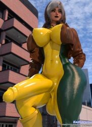 1futa 3d big_breasts bodysuit breasts brown_hair erection erection_under_clothes futanari gigantic_penis green_eyes huge_breasts huge_cock intersex kazkazuma marvel penis penis_outline rogue_(x-men) skin_tight solo white_hair x-men