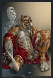 1boy 2010 alpha0 amber_eyes anthro balls brown_hair claws cum feline flaccid fur furry hair hindpaw looking_at_viewer male male_only muscles penis plantigrade robe sitting solo tiger