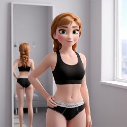 ai_generated anna_(frozen) ass black_bra black_panties calvin_klein disney disney_princess female female_focus female_only frozen_(film) frozen_2 locker_room looking_at_viewer mirror panties petite petite_body petite_female skinny small_breasts small_butt standing underwear