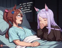 2girls ai_generated animal_ears bed blue_eyes blush bow brown_hair closed_eyes covering_own_mouth ear_ribbon english_text female female_only hand_over_own_mouth horse_ears horse_girl indoors long_hair long_sleeves looking_at_another lying majorthicc mejiro_mcqueen_(umamusume) multicolored_hair multiple_girls on_back on_bed open_mouth patreon_logo patreon_username pillow ponytail purple_hair shirt short_sleeves streaked_hair tokai_teio_(umamusume) turtleneck web_address white_hair yuri