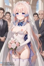 1girls ai_generated blush boosty_username breasts dress female genshin_impact hoyoverse kirill782 long_hair looking_at_viewer mihoyo nipples pink_hair purple_eyes pussy sangonomiya_kokomi small_breasts stable_diffusion standing telegram_username watermark wedding_dress