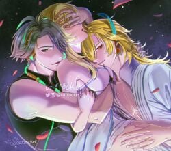 1girls 2boys alhaitham_(genshin_impact) blonde_female blonde_hair blonde_hair_male covered_eyes face_on_breast face_on_chest female genshin_impact hand_over_eye hugging_from_behind kaveh_(genshin_impact) light_skin lumine_(genshin_impact) male male/female mihoyo sandwiched threesome