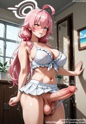 1futanari ahoge ai_generated areolae bangs bare_shoulders bikini bikini_skirt bikini_top_only blue_archive blue_eyes blush breasts clavicle cleavage clothes_pull clothing erection female female frilled_bikini frills futanari genital_fluids hair_between_eyes hair_bobbles hair_ornament halo heterochromia hoshino_(blue_archive) hoshino_(swimsuit)_(blue_archive) huge_cock indoors intersex intersex_only jousneystudio large_breasts large_penis light_skin long_hair looking_at_viewer low_twintails navel nipples open_mouth penis pink_hair plant pleated_skirt precum shirt skirt solo standing stomach sweat swimsuit takanashi_hoshino testicles thighs trembling twintails underwear veins veiny_penis wet white_bikini white_swimsuit window yellow_eyes