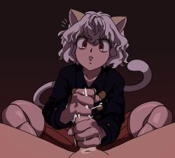 big_cock cat_ears cat_tail clothed handjob hunter_x_hunter lewdthealess neferpitou red_eyes rough tail thighs