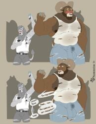 2025 anthro armpit_hair balls_outline barazoku big_bulge big_muscles big_pecs blush bodily_fluids body_hair bovid bovid_horn bulge caprine caprine_horn clothing comic detailed_bulge dialogue duo embarrassed english_text eyewear felid genital_fluids genital_outline glasses hi_res horn huge_muscles impregnation_request in_heat lactating lion male male/male male_lactation mammal mayternity melancholiclion muscular muscular_male neck_muscles pantherine pecs penis_outline precum precum_through_clothing public public_transportation raised_arm ram_horn sheep shirt silhouette size_difference sweat tank_top testosterone text topwear torn_clothing torn_tank_top undersized_clothing vein veiny_muscles wet wet_clothing yukoso_(melancholiclion)