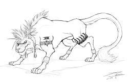2019 animal_genitalia balls crazydrak dated felid feral final_fantasy final_fantasy_vii fully_sheathed genitals hi_res male male_only mammal mane monochrome mouth_closed nanaki narrowed_eyes quadruped red_xiii sheath side_view signature simple_background solo square_enix tail tail_tuft tial tuft