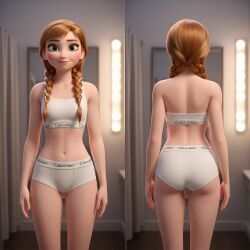 ai_generated anna_(frozen) bra calvin_klein disney disney_princess female female_focus female_only frozen_(film) frozen_2 human locker_room panties petite petite_body petite_female skinny small_ass small_breasts small_waist standing underwear underwear_only white_bra white_panties white_underwear