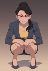 ai_generated black_hair glasses green_eyes heels legs_together medium_breasts my_adventures_with_superman panties sitting smile squatting stable_diffusion suit tagme upskirt vicki_vale vicki_vale_(my_adventures_with_superman)