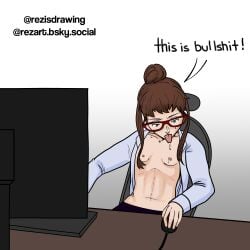 blue_eyes breasts brown_hair chair english_text female glasses hair_bun monitor navel nipples open_clothes open_shirt red-framed_eyewear rezart saliva shirt sidelocks single_hair_bun sitting small_breasts solo sophia_(rezart) sucking_breasts_meme tongue tongue_out