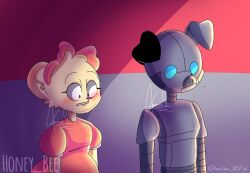 ... blue_eyes blush duo hair_bow honey_bee_(artist) mouse mousy_(piggy) piggy_(game) pink_dress reaction robby_(piggy) robot