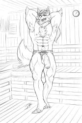2018 2:3 abs anthro arm_tuft armpit_hair balls beard body_hair canid canine canis cheek_tuft clothed clothing crazydrak dated elbow_tuft facial_hair facial_tuft foreskin front_view genitals half-erect happy_trail hi_res jockstrap male mammal monochrome muscular muscular_anthro muscular_male narrowed_eyes navel nipples pecs penis penis_poking_out pose signature solo standing tongue tongue_out topless tuft underwear wolf
