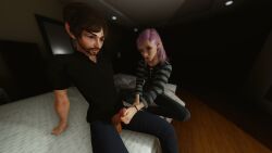 1boy 1girls 3d bedroom blurry_background brother_and_sister brown_hair cgi clothed dark_room female handjob male on_bed original_characters painted_nails pants penis penis_out pink_hair shy straight sweater touching_penis