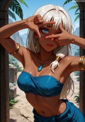 ai_generated armlet armpits arms_up atlantis:_the_lost_empire bandeau bangs bare_shoulders blue_eyes blue_gemstone blue_sky blunt_bangs blush bracelet breasts clavicle cleavage closed_mouth clothing collarbone covering_own_eyes crop_top dark-skinned_female dark_skin day desert disney disney_princess earrings eye_of_horus female finger_frame grey_hair hair_tubes jewelry jousneystudio kida kidagakash lips long_hair looking_at_viewer medium_breasts midriff navel necklace nose original outdoors patreon pendant shiny_skin sky solo stomach strapless sweat tree trembling tube_top white_hair