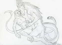 2010 anthro arms bent_arms bent_legs big_breasts breasts cheetah claws couple dragon erection eye_contact feline female fur furry hindpaw holding kneeling legs line_art looking_at_another male missionary_position monochrome nipples nude on_back penetration penis plump_labia pregnant pussy rukis scalie sex signature sketch spread_legs spreading straight tail vaginal_penetration