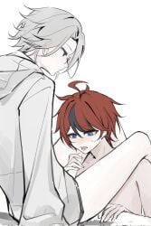 2boys ahoge aotsuki_eito black_hair blowjob blue_eyes closed_mouth eito_aotsuki eyelashes hair_between_eyes legs_apart looking_at_another male male_focus messy_hair multicolored_hair open_mouth red_hair simple_background spread_legs sumino_takumi sweat sweatdrop takumi_sumino the_hundred_line_-last_defense_academy- tongue_out topless_male white_background white_hair white_jacket yaoi