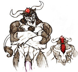 1boy big_penis bovine bull crossed_arms grin horns jax_the_bat jewelry looking_at_viewer male male_only muscles nose_piercing nose_ring nude penis piercing ponytail smirk solo standing tail tied_hair