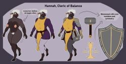 absurd_res anthro armor big_breasts blush blush_lines bovid breasts brown_body caprine cleric clothing embarrassed english_text female hair hammer hi_res hooves mammal medieval model_sheet nipples nude pink_nipples pubes purple_eyes rafitos sheep shield solo standing text tools white_hair wide_hips