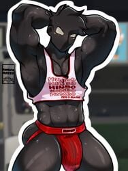 1boy abs arms_up artist_name ass bara blurry_background bulge fantasmatty hands_behind_head jockstrap male male_focus male_only muscular muscular_male pecs pectorals solo solo_male thighs
