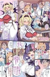 1boy 5girls black_hair black_horns blue_eyes blue_hair blush breasts commentary_request dark-skinned_female dark_skin demon_girl demon_horns demon_tail demon_wings fellatio female glasses green_eyes gyaru heart highres horns large_breasts long_hair male mimonel multicolored_hair multiple_girls oral orange_eyes original paid_reward_available pink_hair pointy_ears purple_hair short_hair spoken_heart tail translation_request wings