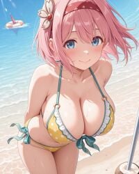 2025 ai_generated beach_background belly blue_eyes_female closed_mouth coconut dotted_bikini eyebrows_visible_through_hair instagram looking_at_viewer meta mouth_closed not_porn orange_cheeks pekoillust pink_eyebrows pink_hair_female pink_hairband smile_at_viewer smiling_at_viewer tummy unknown_character wet_bikini wet_body wet_skin yellow_bikini