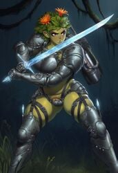 ai_assisted ai_generated breasts female female_focus female_only green_skin greyscaler holding_weapon leaf_hair orc orc_female plant_humanoid puffy_pussy solo world_of_lust:_the_spire