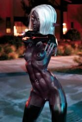 1girls 3d black_skin breasts dark_skin drow female nipple_piercing nipples nude petite pointy_ears pussy small_breasts solo thin tritiumcg white_hair