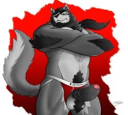 2018 abstract_background anthro arm_tuft balls beard black_beard black_eyebrows black_facial_hair black_hair black_nose bodily_fluids canid canine canis clothed clothing crazydrak crossed_arms dated elbow_tuft erection eyebrows facial_hair fangs foreskin front_view fur furry genital_fluids genitals grey_balls grey_body grey_fur hair hi_res humanoid_genitalia humanoid_penis long_hair looking_at_viewer male mammal muscular muscular_anthro muscular_male overweight overweight_anthro overweight_male penis penis_poking_out portrait precum precum_string red_eyes signature solo teeth three-quarter_portrait topless tuft uncircumcised vein veiny_penis wolf
