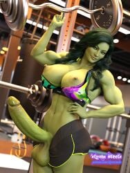 1futa 3d 3d_model areolae balls black_hair breasts elyria_steele futanari green_skin human_only intersex large_breasts marvel penis she-hulk testicles
