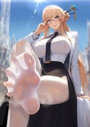 adjusting_eyewear ai_generated black_necktie black_skirt blonde_hair blue_eyes blue_sky blurry blurry_background blush breasts closed_mouth coat collared_shirt crossed_legs day earrings feet female foot_focus foot_out_of_frame foreshortening glasses hair_bun hair_ornament hair_stick hairpin jacket jewelry large_breasts legs lens_flare long_hair long_sleeves looking_at_viewer mur_ai_nsfw necktie no_shoes open_clothes outdoors pantyhose presenting_foot shirt sidelocks single_hair_bun sitting skirt sky smile soles solo sun sweat toes white_pantyhose white_shirt