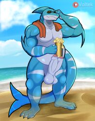alcohol alcoholic_drink animal_genitalia animal_humanoid animal_penis anthro balls beach beer beer_mug belly beverage big_belly blue_body blue_skin digital_media_(artwork) diphallia diphallism erection eyewear fish foreskin genitals hemipenes hi_res humanoid looking_at_viewer male marine marine_humanoid multi_genitalia multi_penis multicolored_body multicolored_skin multicolored_tail muscular muscular_anthro muscular_male outdoors_nudity outside overweight overweight_anthro overweight_male penis pinup pose sea seaside shark solo sun sunglasses teeth two_tone_body two_tone_skin two_tone_tail uncircumcised water wet